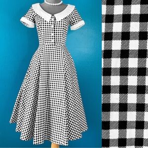 Collectif Madeline Gingham Swing Dress in Black & White Check w/ Collar UK 6